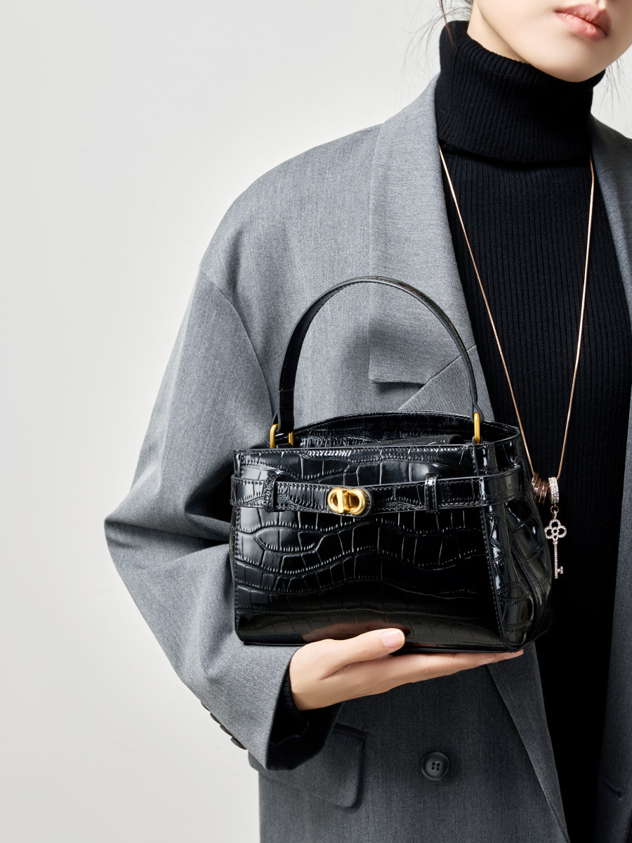 Croc-Pattern Kelly-Inspired Lock Square Bag — Four-Colour Editorial view 3