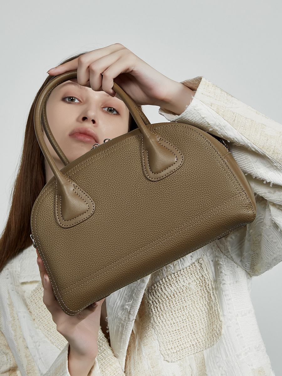 Minimalist Cowhide Bowling Bag — Casual Commute Single-Colour view 3