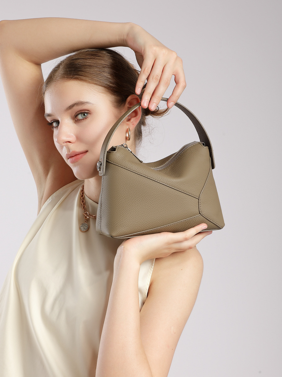 YY-BAG-046 cowhide geometric mini pillow crossbody in khaki — wholesale geometric pillow YANYAN