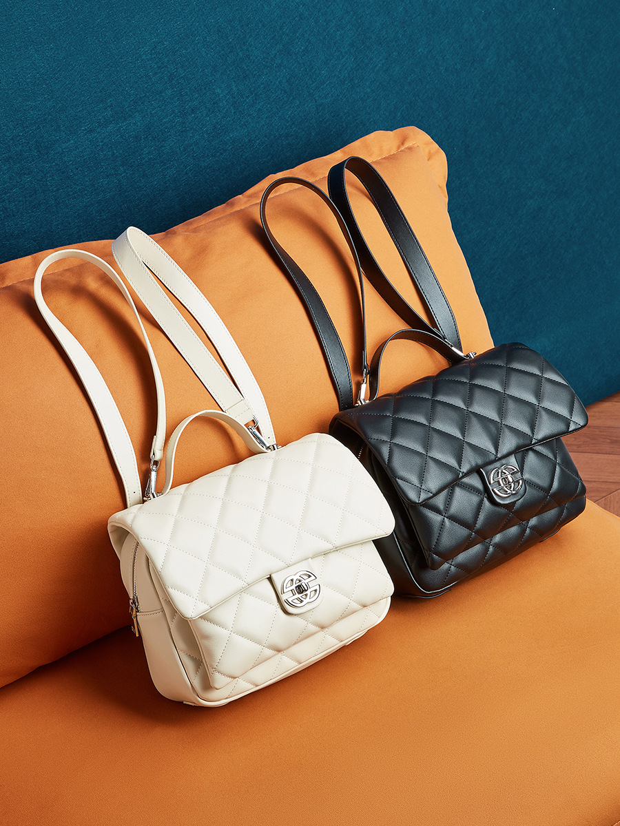Chanel-Style Diamond-Quilt Backpack Large Capacity — Off-White Single-Colour view 5