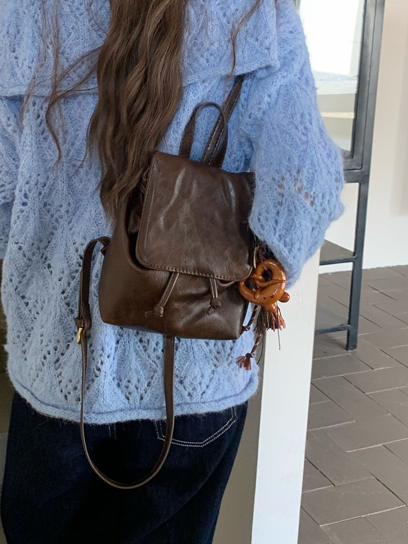 Women's Brown PU Leather Mini Backpack view 3