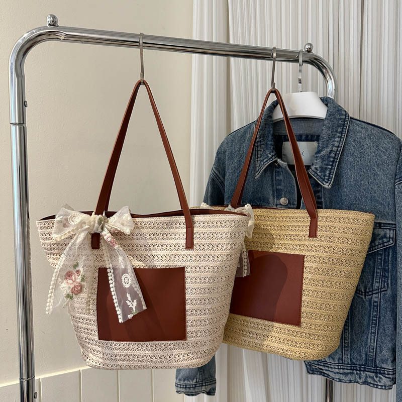 Woven Straw Bucket Tote Beach Bag