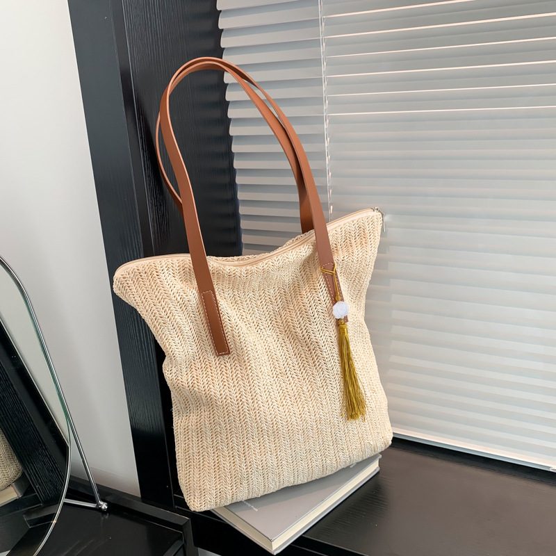 Woven Top-Handle Bucket Tote Bag