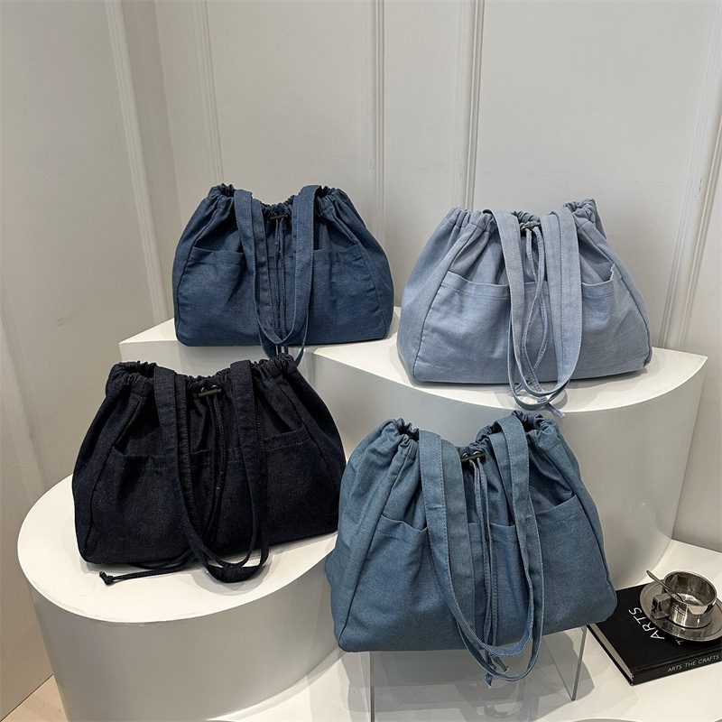 Denim Drawstring Ruched Bucket Bag
