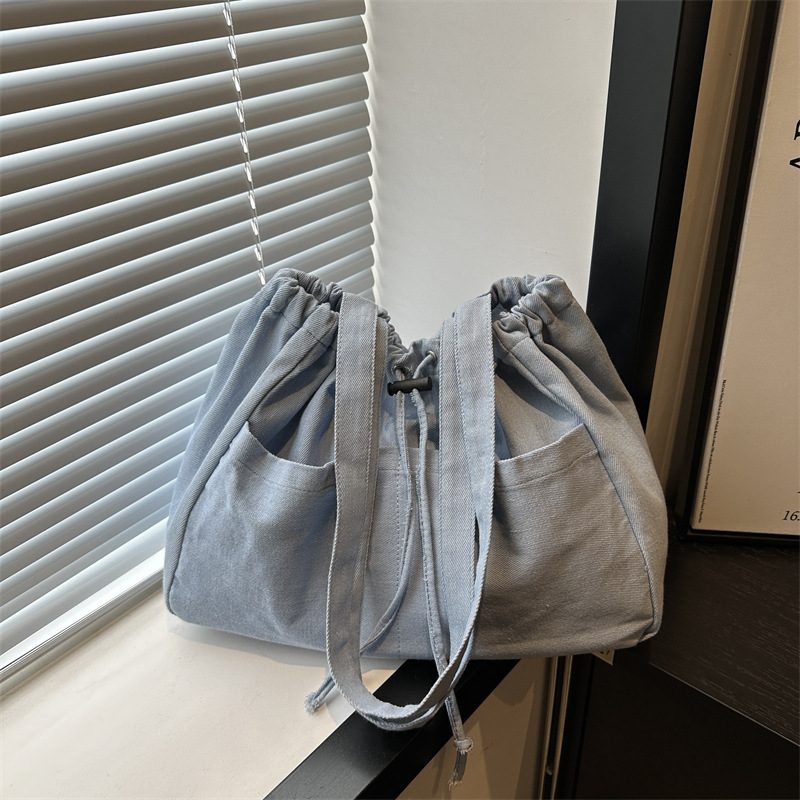 Denim Drawstring Ruched Bucket Bag view 2