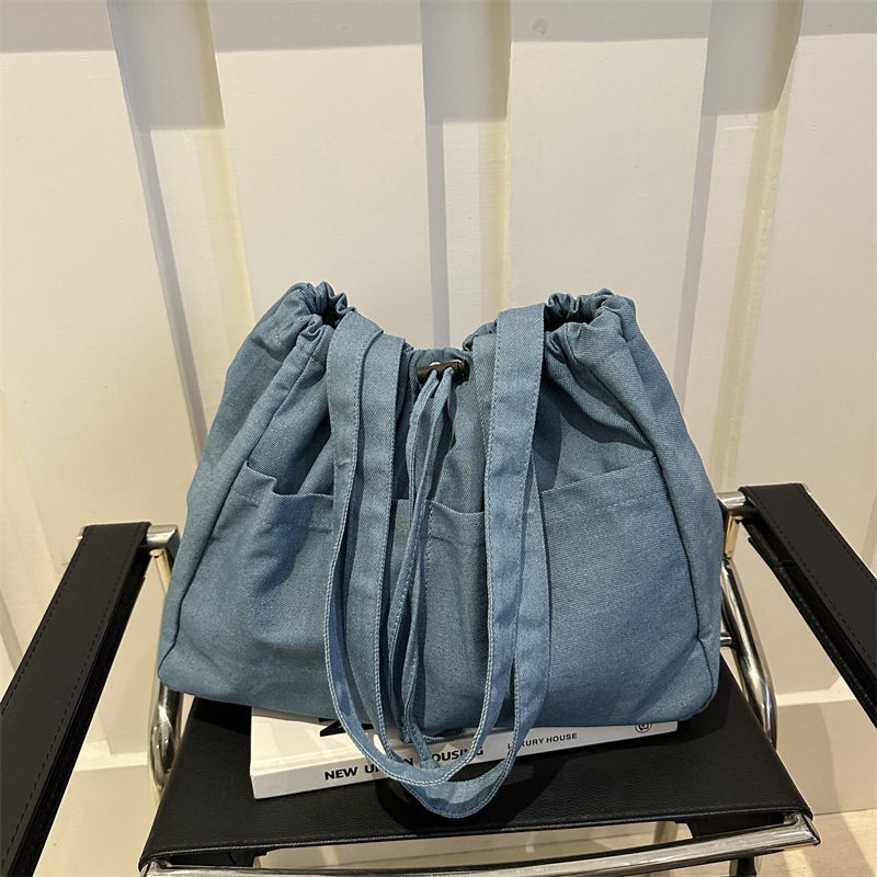 Denim Drawstring Ruched Bucket Bag view 3