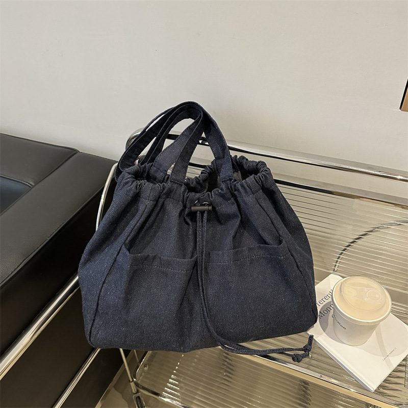 Denim Drawstring Ruched Bucket Bag view 4