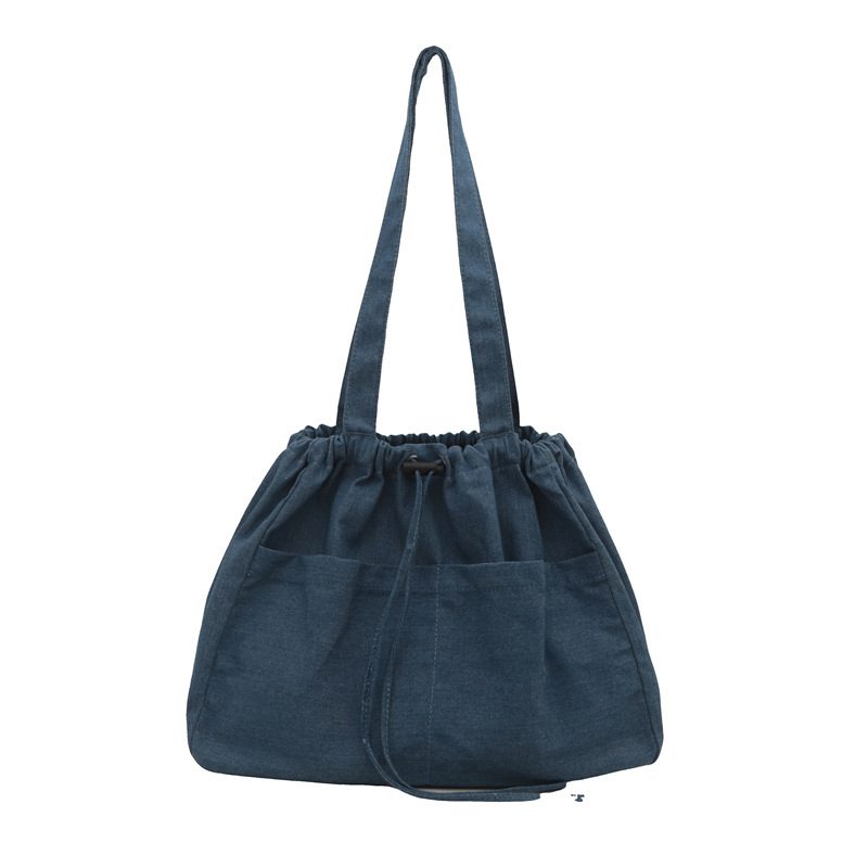 Denim Drawstring Ruched Bucket Bag view 8