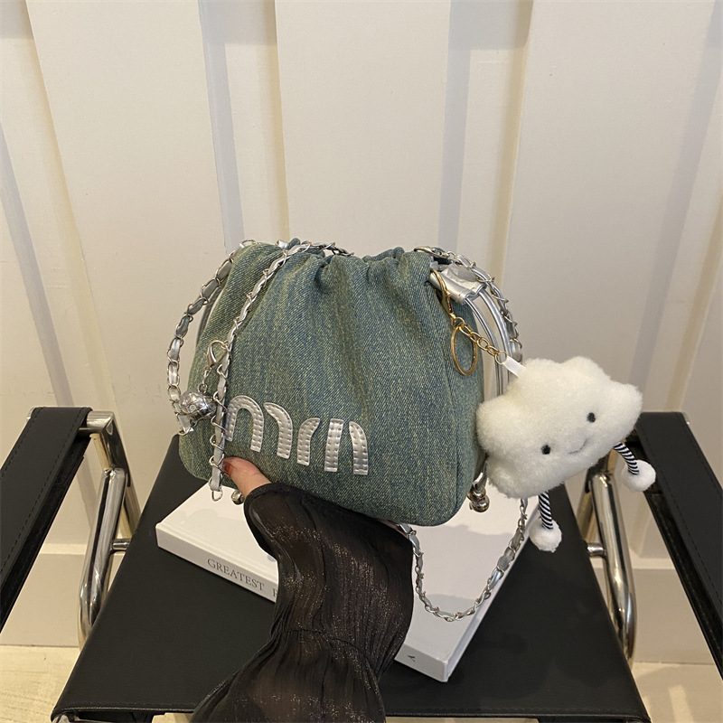 Denim Drawstring Bucket Bag view 2