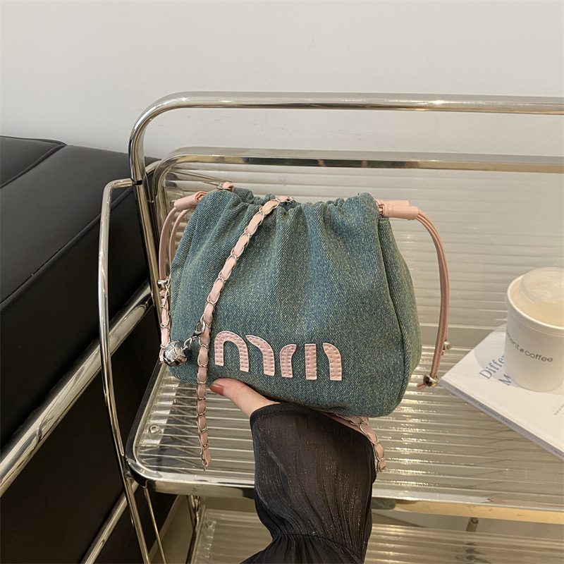 Denim Drawstring Bucket Bag view 3