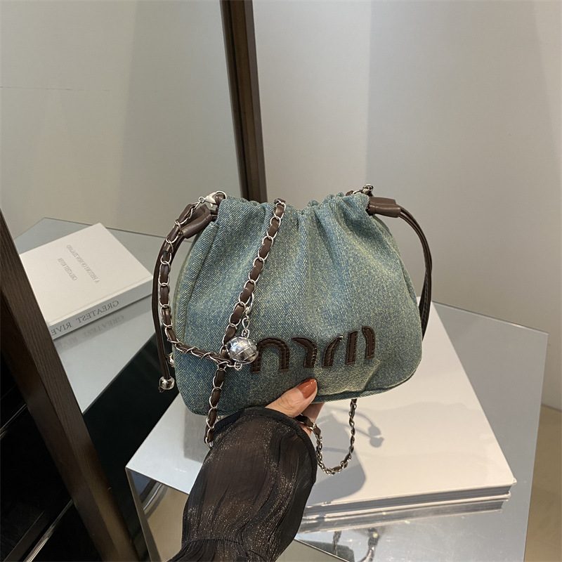 Denim Drawstring Bucket Bag view 4