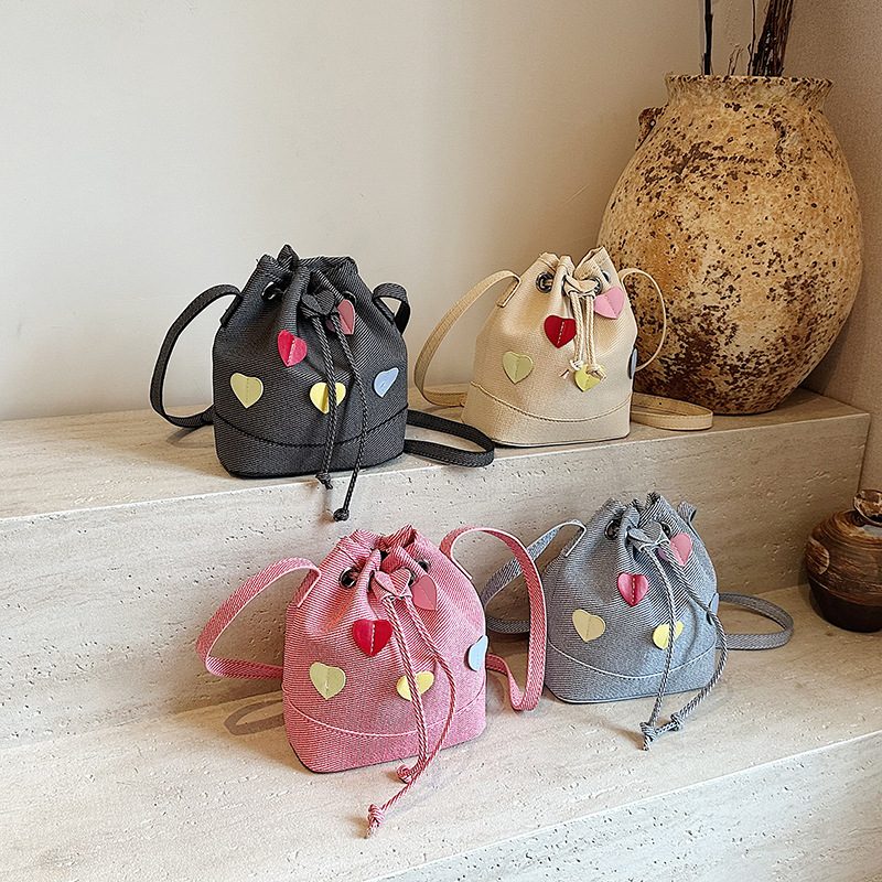 Drawstring Bucket Bag with Heart Crossbody