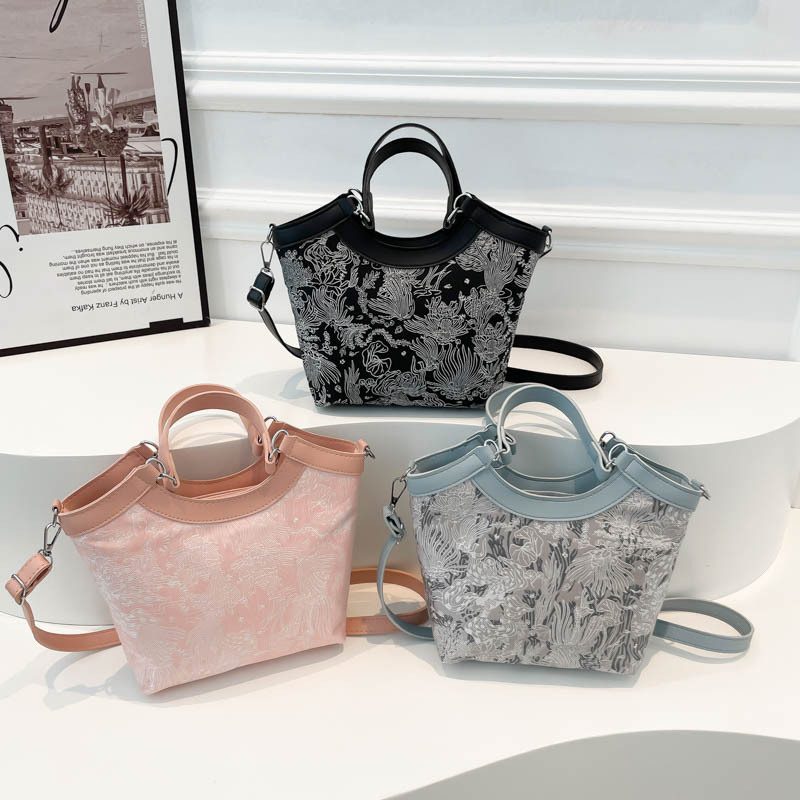 Embroidered Silk Bucket Shoulder Bag