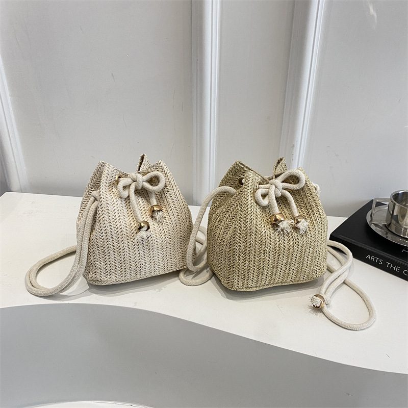 Woven Straw Drawstring Bucket Crossbody Bag