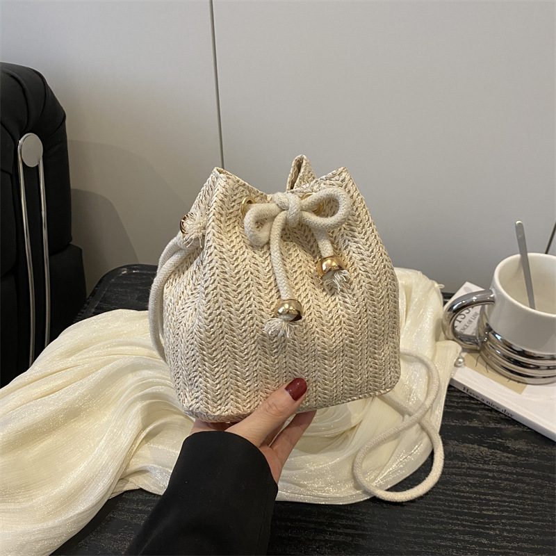 Woven Straw Drawstring Bucket Crossbody Bag view 2
