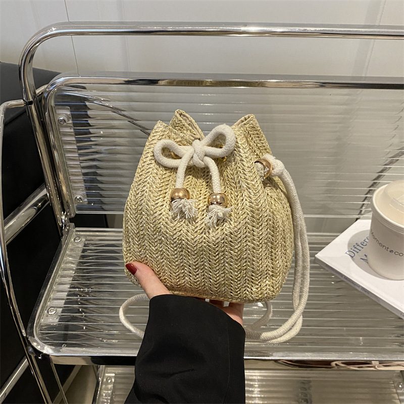 Woven Straw Drawstring Bucket Crossbody Bag view 3