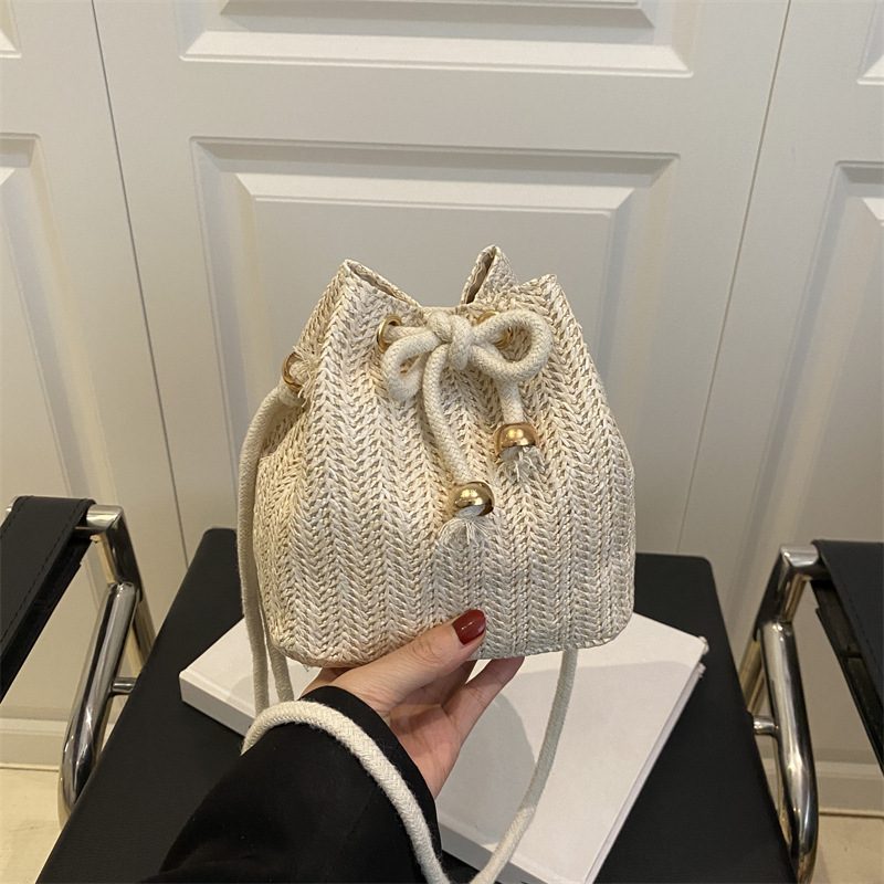 Woven Straw Drawstring Bucket Crossbody Bag view 4