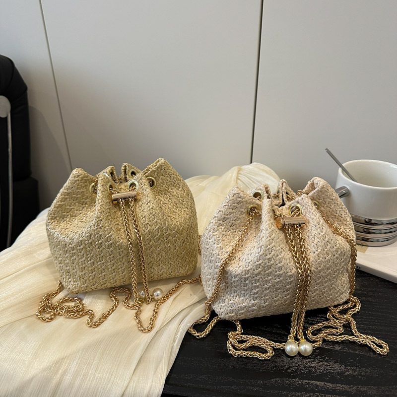 Woven Straw Chain Drawstring Bucket Bag
