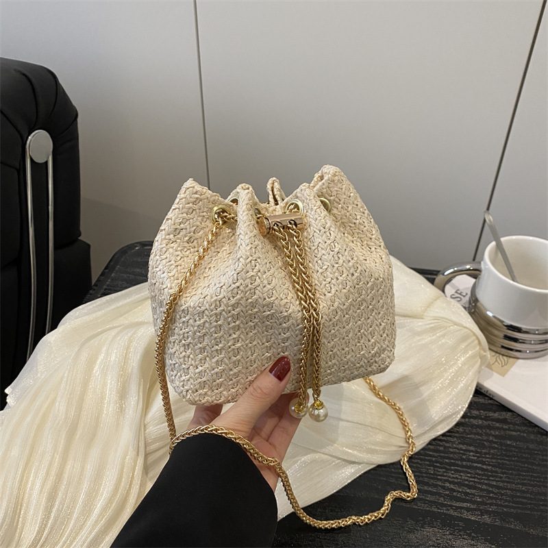 Woven Straw Chain Drawstring Bucket Bag view 3