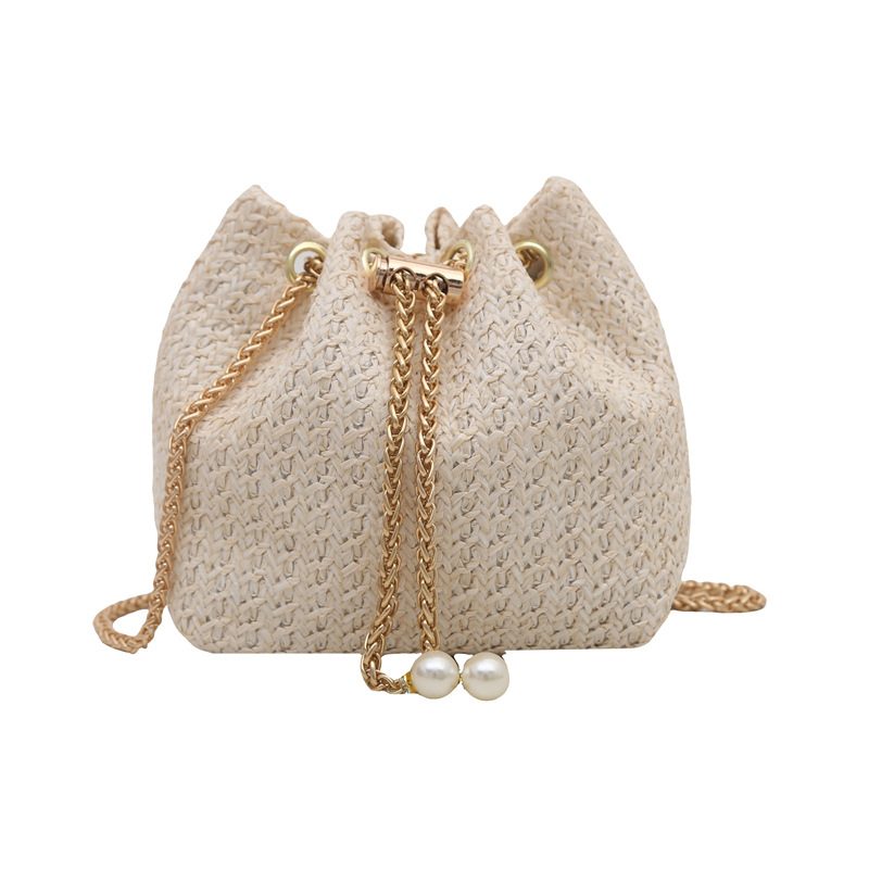Woven Straw Chain Drawstring Bucket Bag view 6