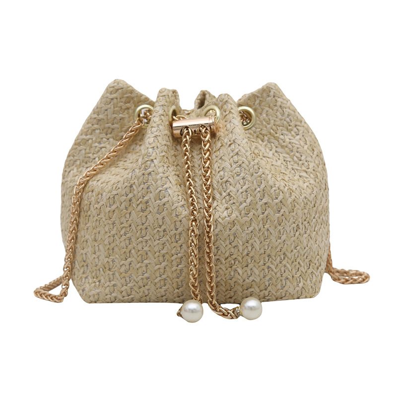 Woven Straw Chain Drawstring Bucket Bag view 7