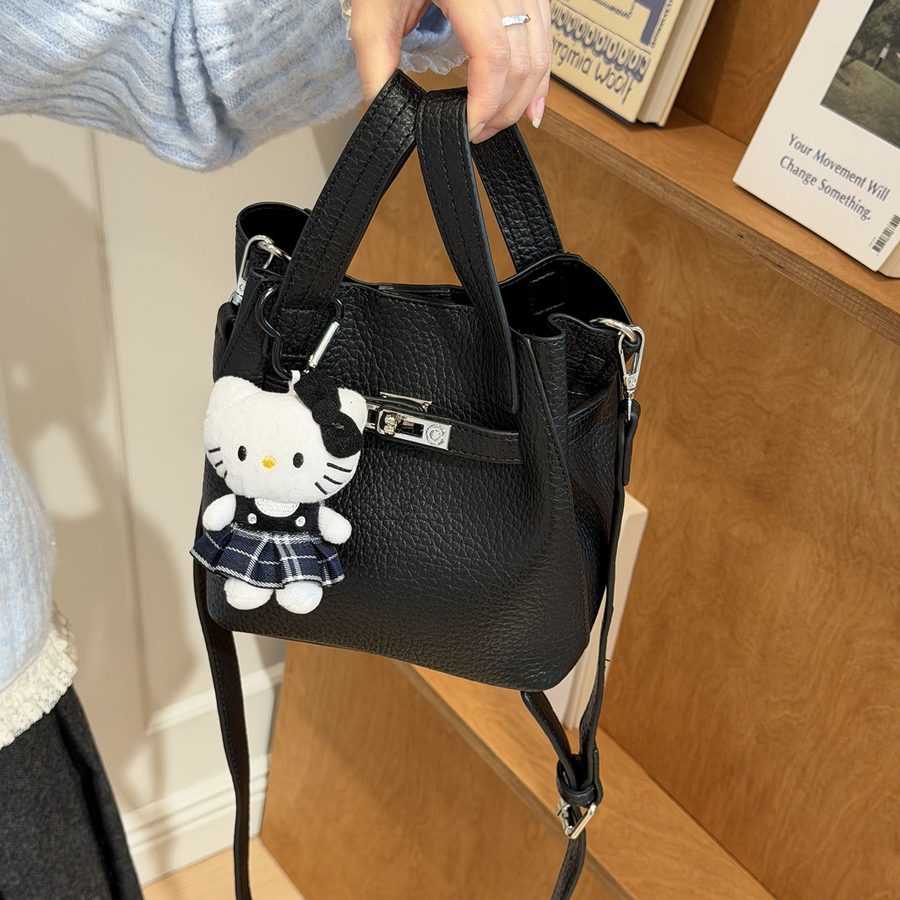 Litchi Grain Leather Lock Bucket Bag