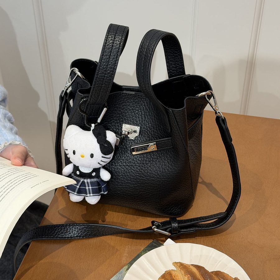 Litchi Grain Leather Lock Bucket Bag view 2