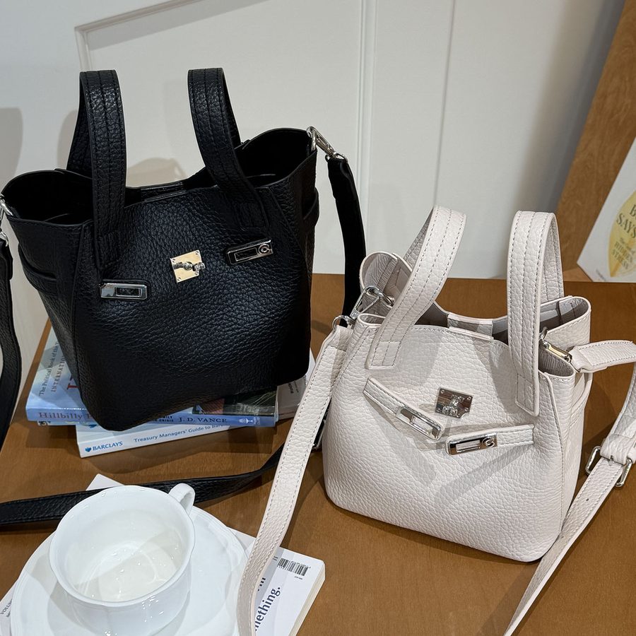 Litchi Grain Leather Lock Bucket Bag view 3