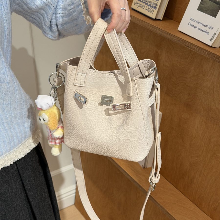 Litchi Grain Leather Lock Bucket Bag view 6