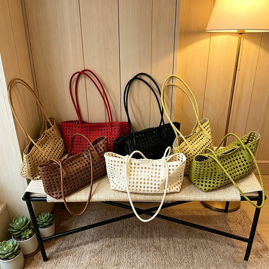 Hollow-Out Woven Basket Tote Bag Set