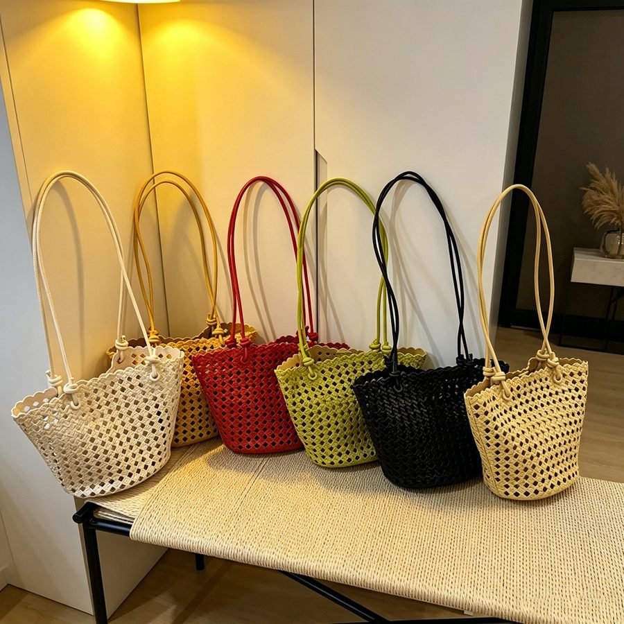 Openwork Woven Bucket Bag Top-Handle