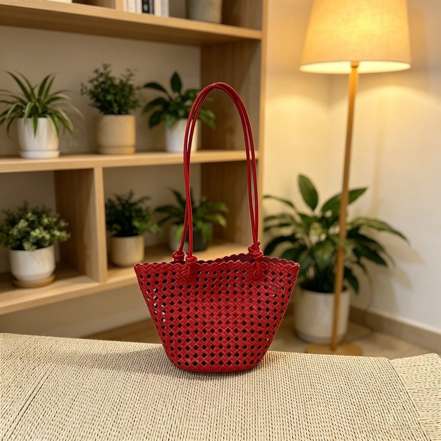 Openwork Woven Bucket Bag Top-Handle view 7