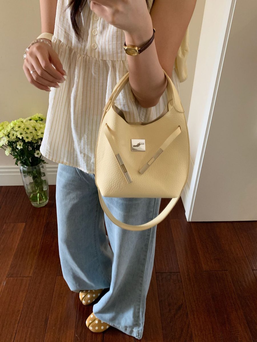 Litchi Grain Soft Leather Bucket Bag