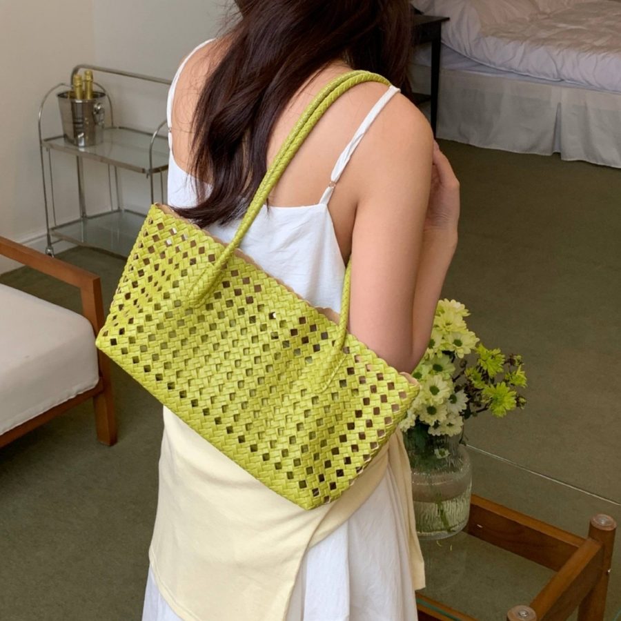 Openwork Woven Bucket Tote Bag