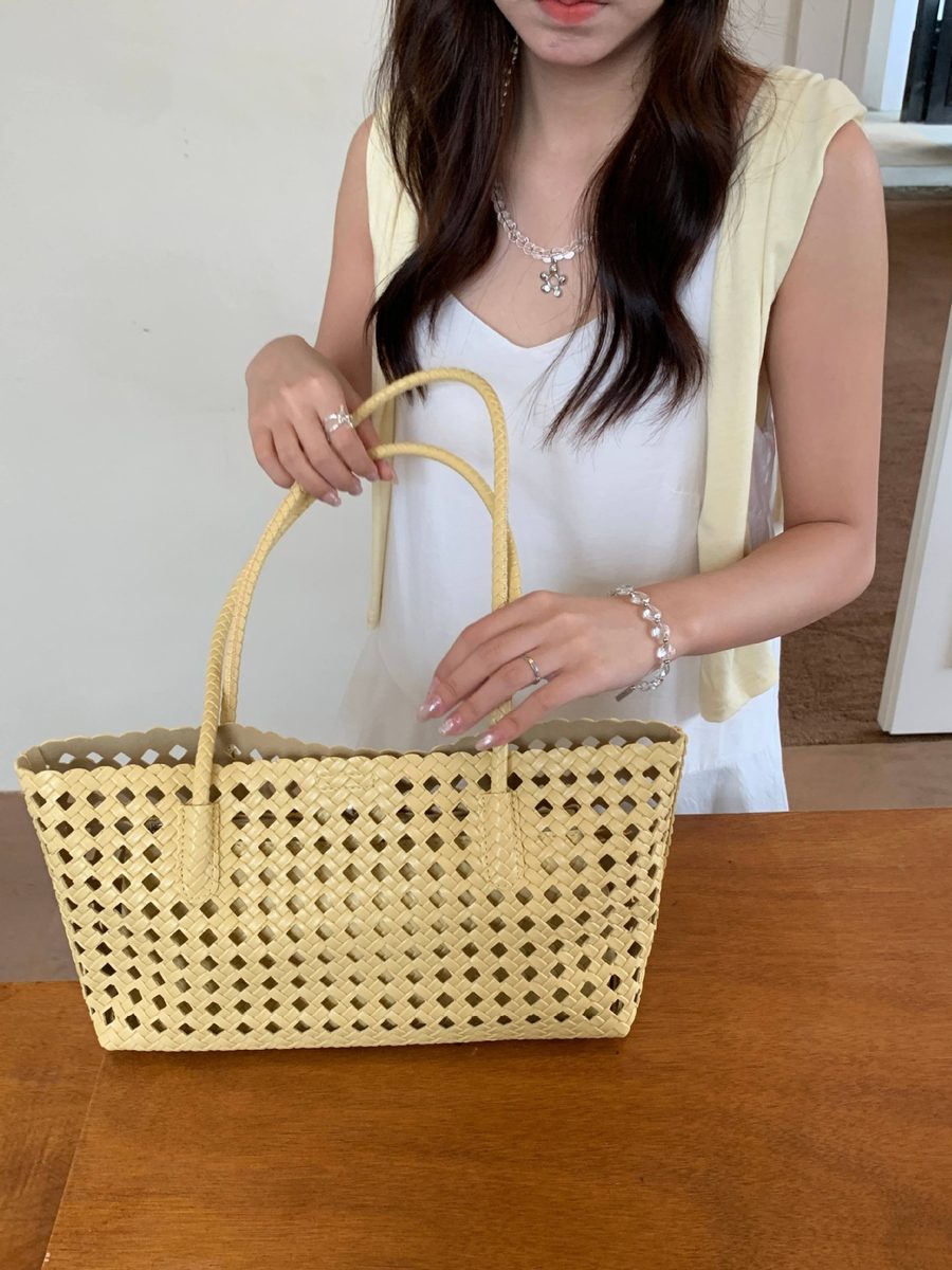 Openwork Woven Bucket Tote Bag view 12