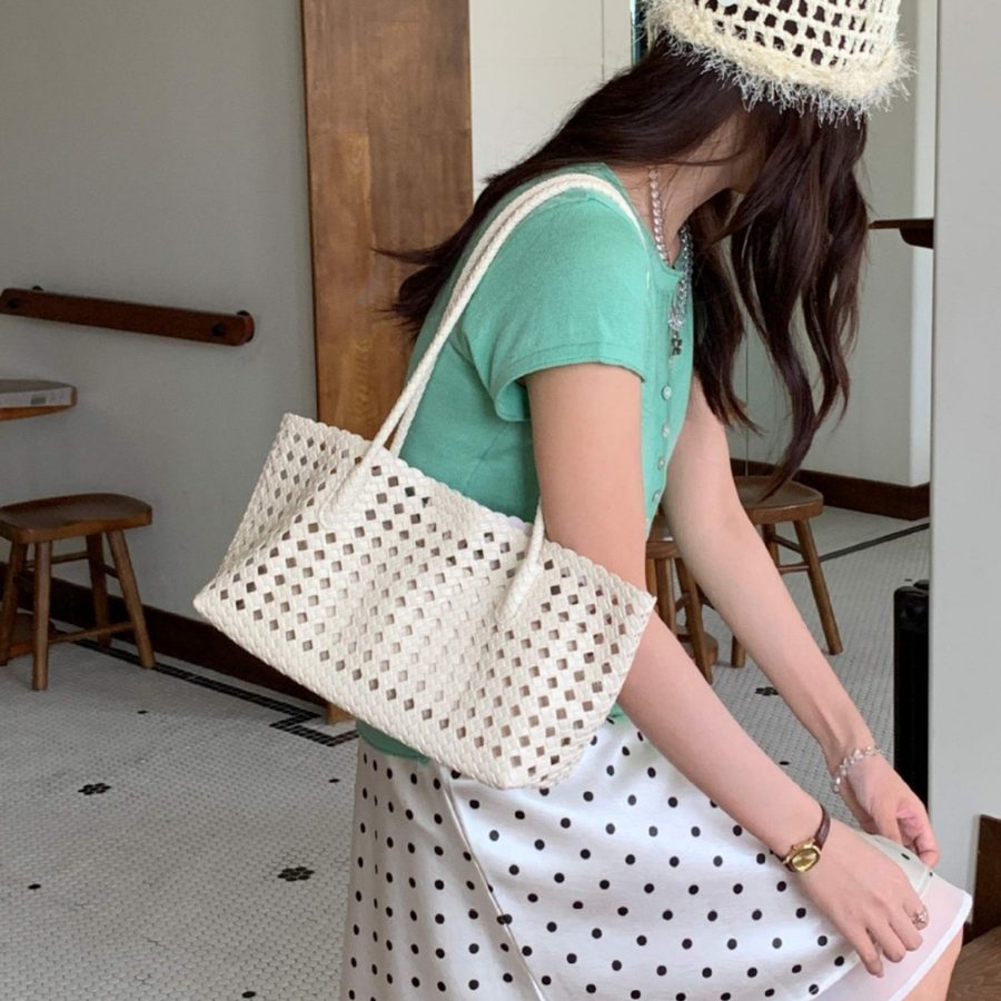 Openwork Woven Bucket Tote Bag view 2