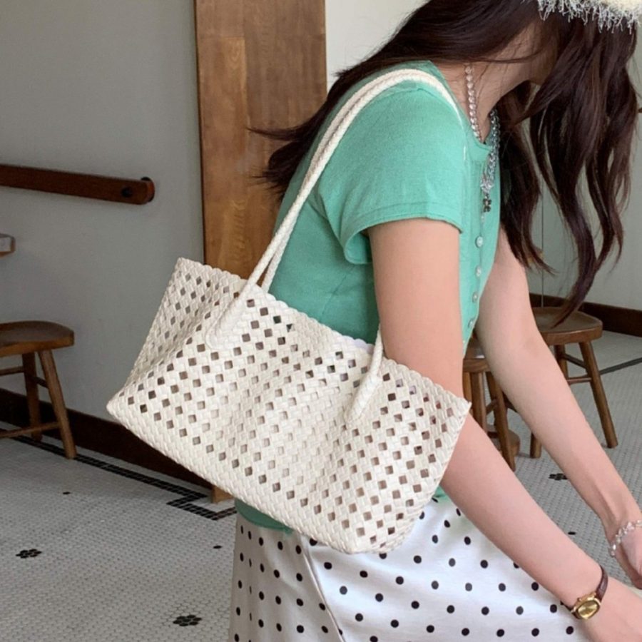 Openwork Woven Bucket Tote Bag