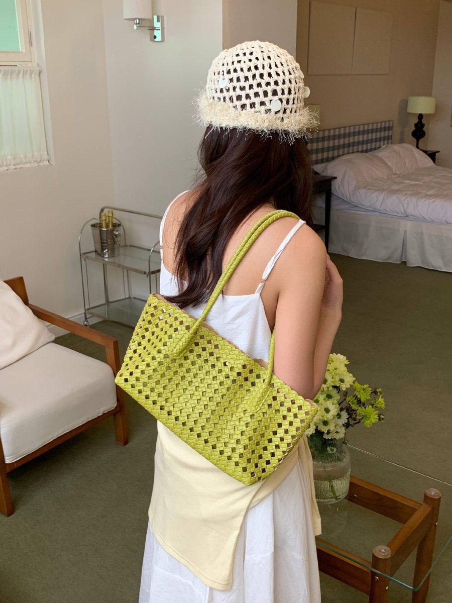 Openwork Woven Bucket Tote Bag view 8