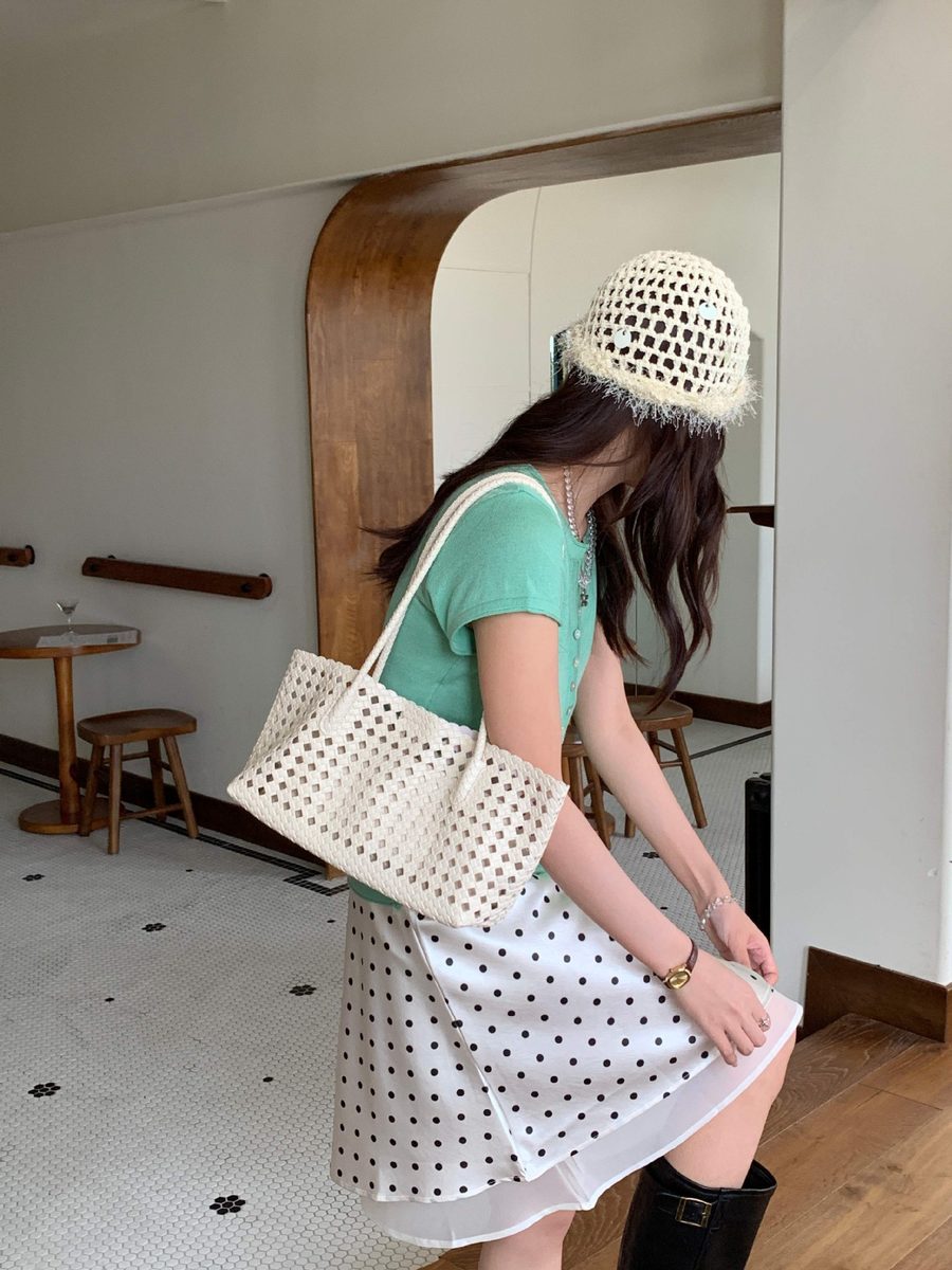 Openwork Woven Bucket Tote Bag view 9