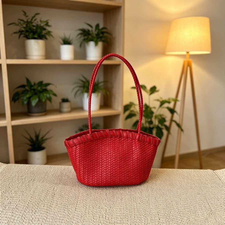 Woven Shell Top-Handle Bucket Bag view 7