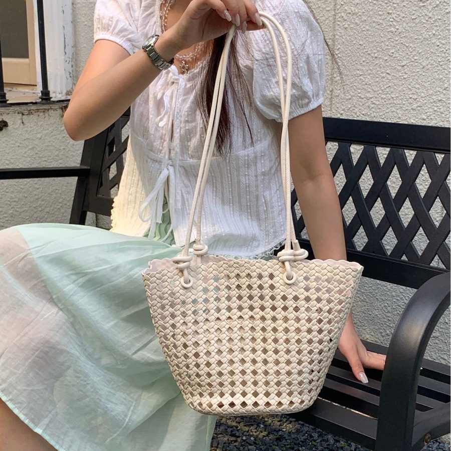 Openwork Woven Soft Leather Bucket Bag
