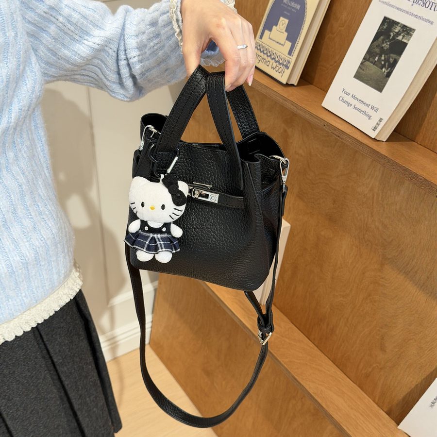 Litchi Grain Soft Leather Bucket Crossbody Bag