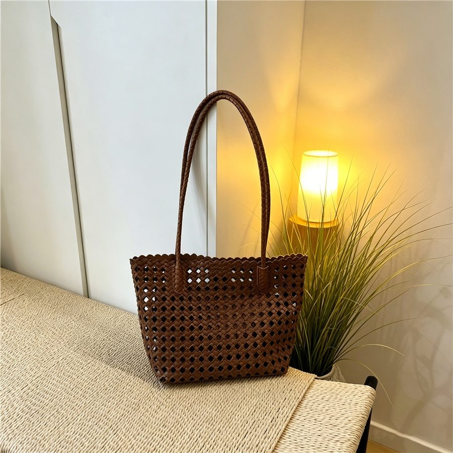 Openwork Woven Soft Leather Bucket Tote view 10