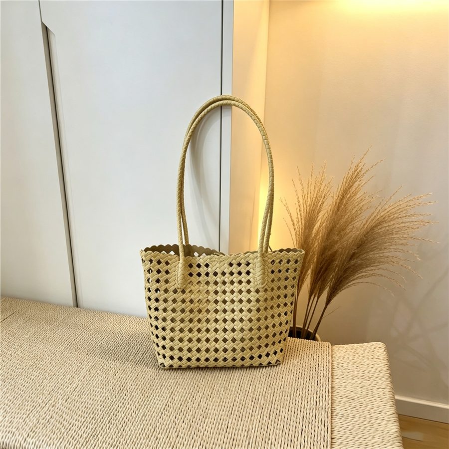 Openwork Woven Soft Leather Bucket Tote view 12