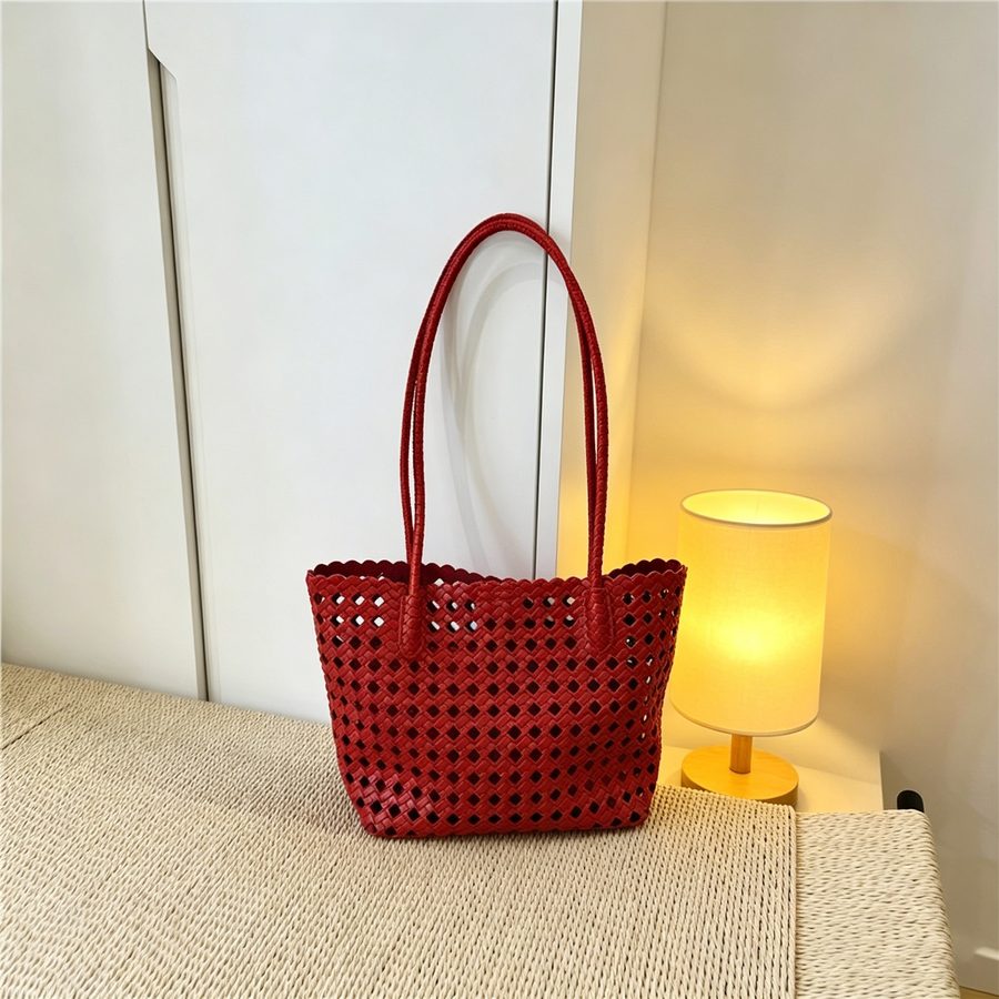 Openwork Woven Soft Leather Bucket Tote view 2