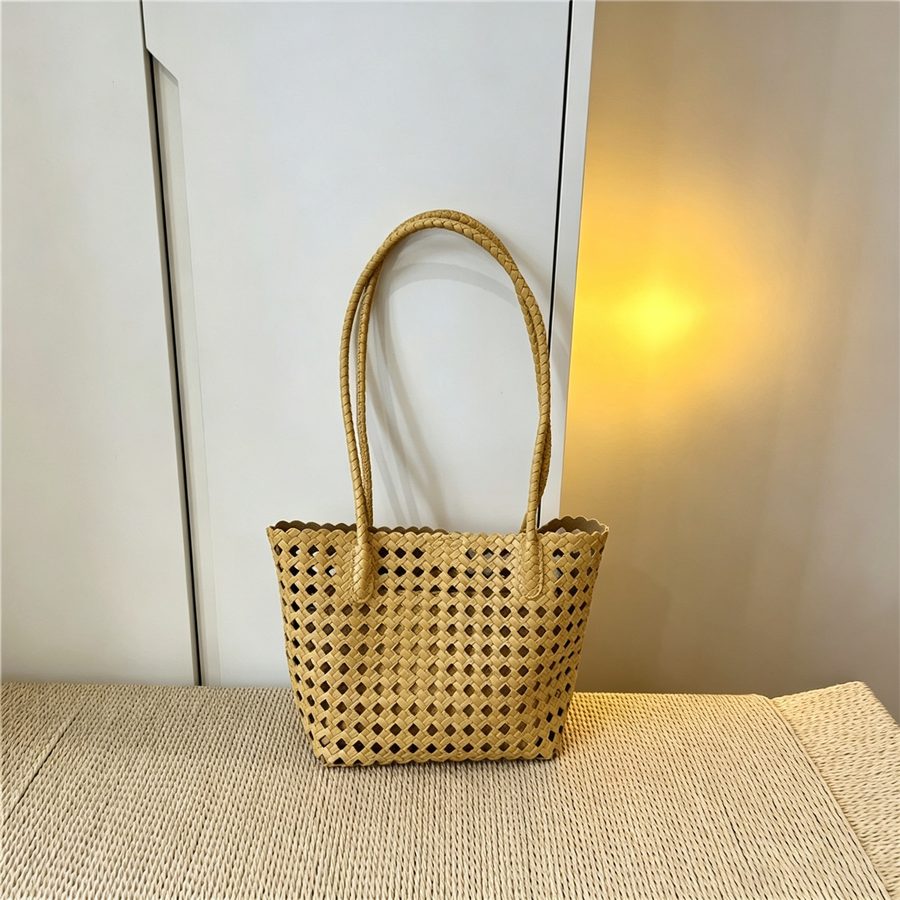 Openwork Woven Soft Leather Bucket Tote view 3