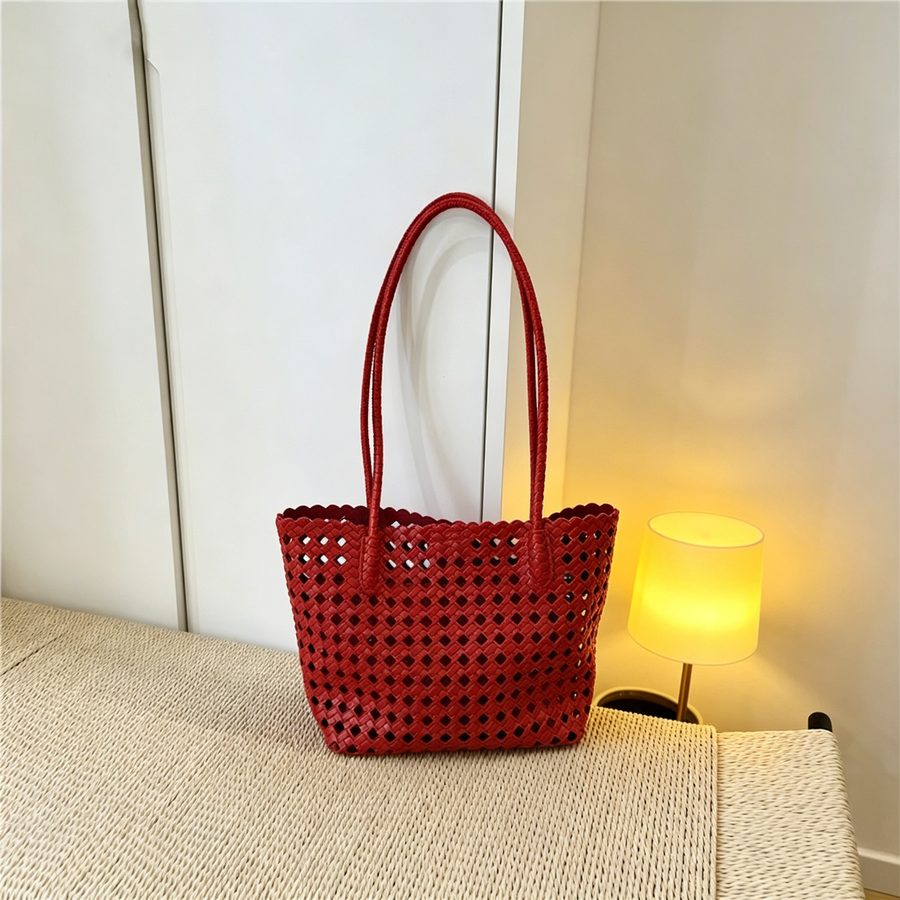 Openwork Woven Soft Leather Bucket Tote view 7