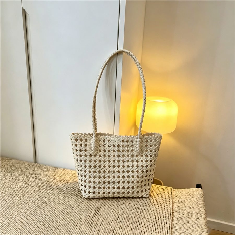 Openwork Woven Soft Leather Bucket Tote view 9