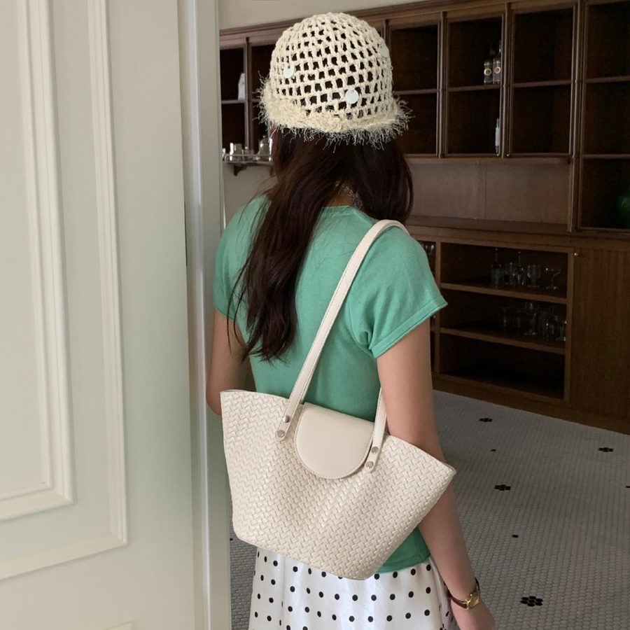 Woven Top-Handle Bucket Shoulder Bag view 4
