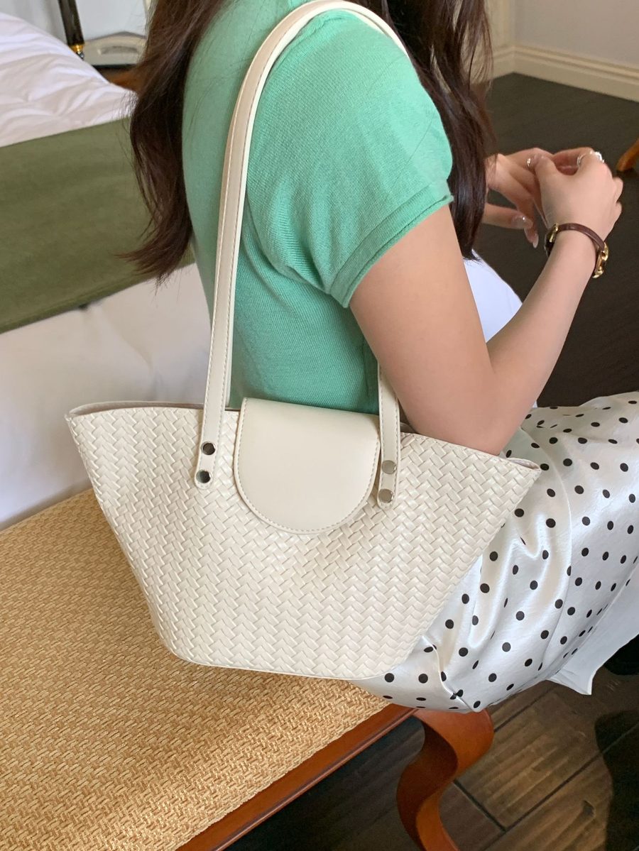 Woven Top-Handle Bucket Shoulder Bag view 7